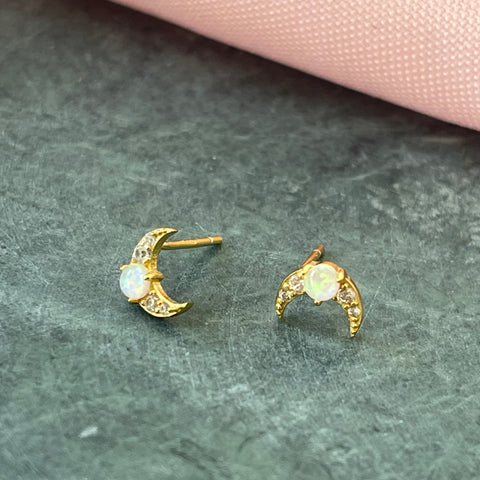 CZ & Opal Moon Stud Earrings