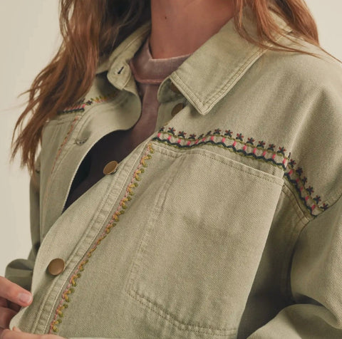 Washed Cotton Embroidered Detail Jacket