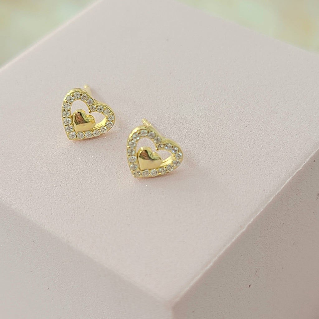 CZ Heart Stud Earrings (Silver, Gold)