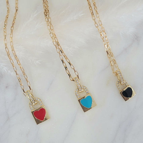 CZ Lock Heart Necklace (Choose Color)